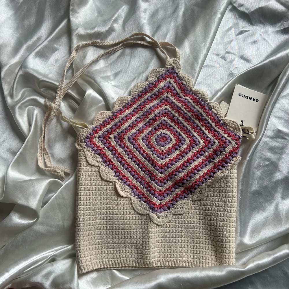 Sandro Cream and Multicolor Crochet Shoulder Bag